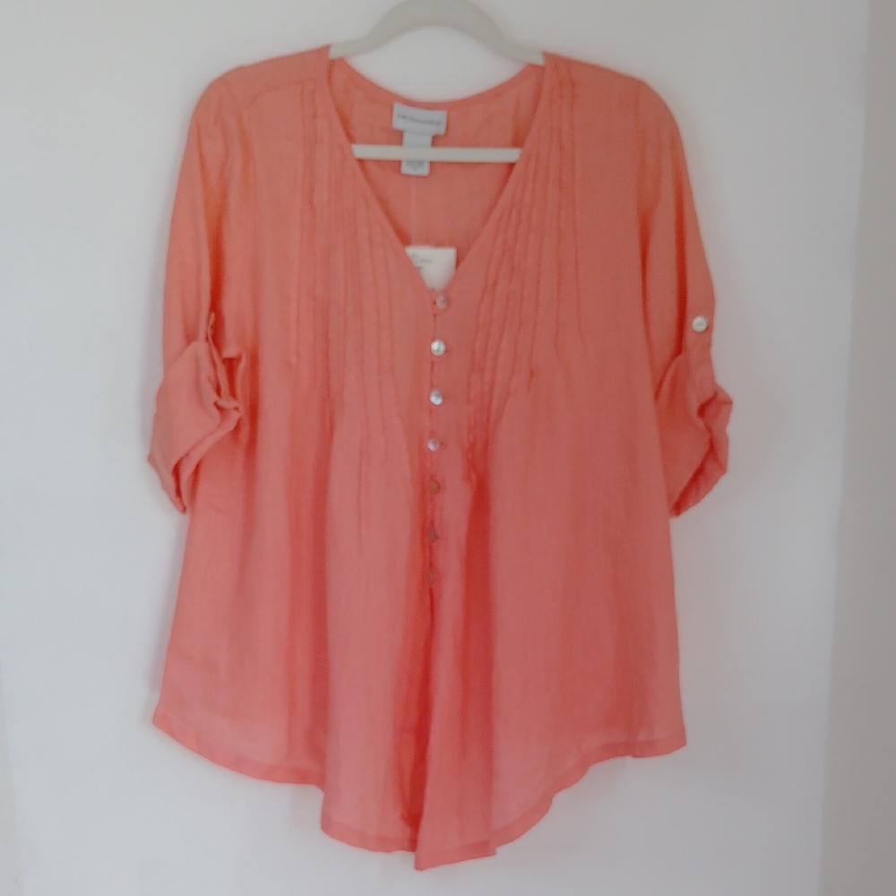 NWT Soft Surroundings Womens Peach Linen Front Tie Button Up Top Sz PM Coastal